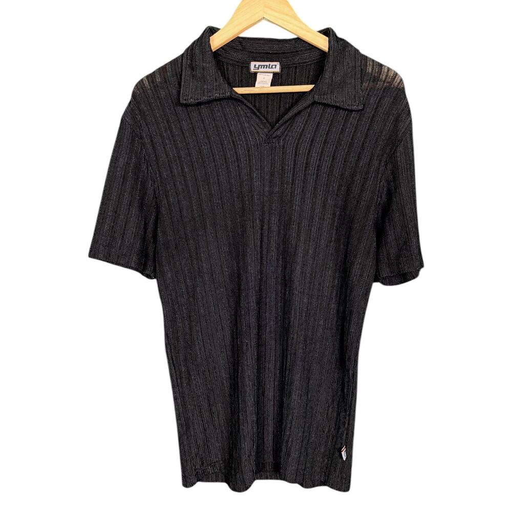 Vintage 2000s Y2K YMLA Ribbed Texture Black Polo Shirt Rave Nightlife L